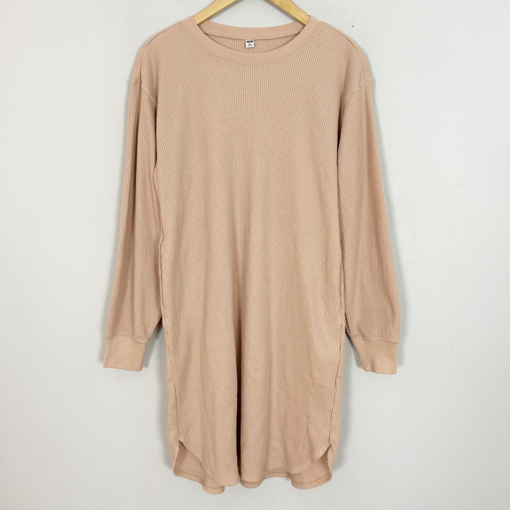 Uniqlo Womens Waffle Knit Crew Neck Long Sleeve Dress Peach Pink Size XS